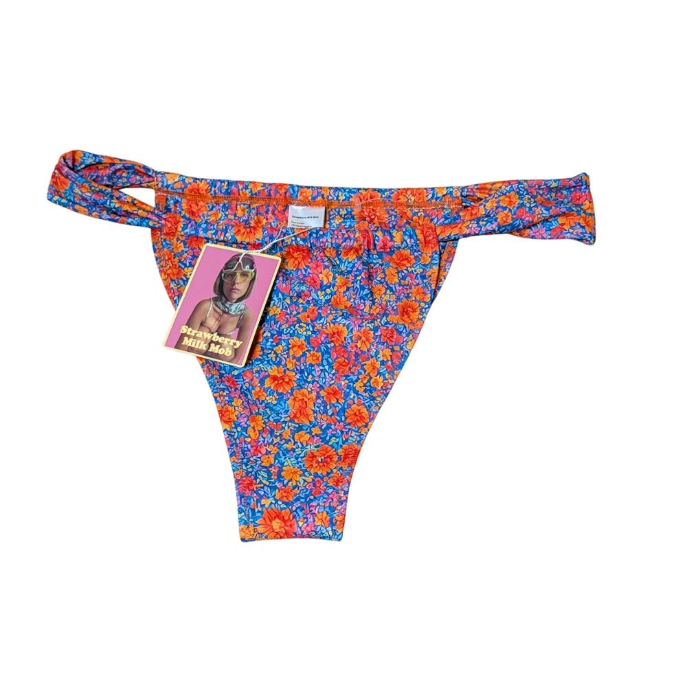 NWT Strawberry Milk Mob Womens Bikini Bottom Blue Orange Floral Apres Swim Sz M